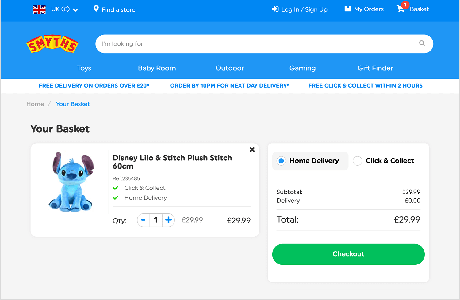 Smyths Toys shopping cart page featuring a Disney Stitch plush with home delivery and click & collect options.