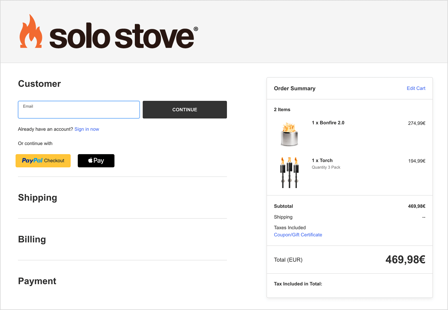 Solo Stove shopping cart page featuring a bonfire and torch set, with checkout and payment options.