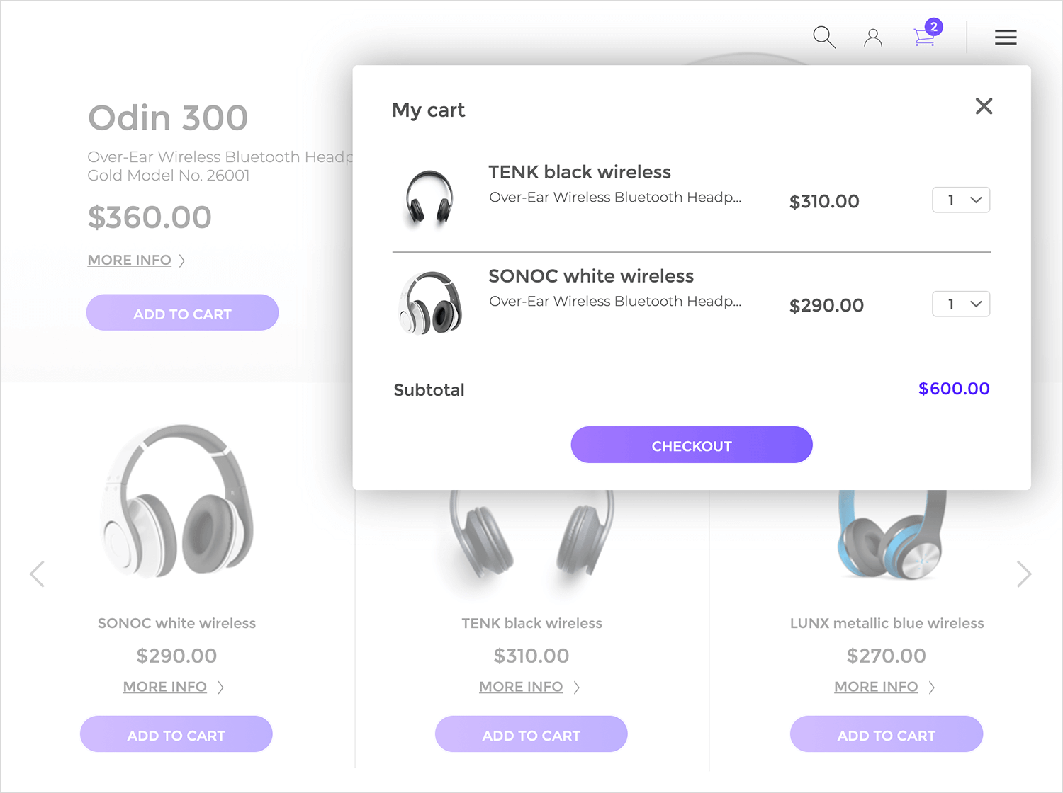 E-commerce store app displaying a floating shopping cart summary with two wireless headphones, subtotal, and a checkout button.