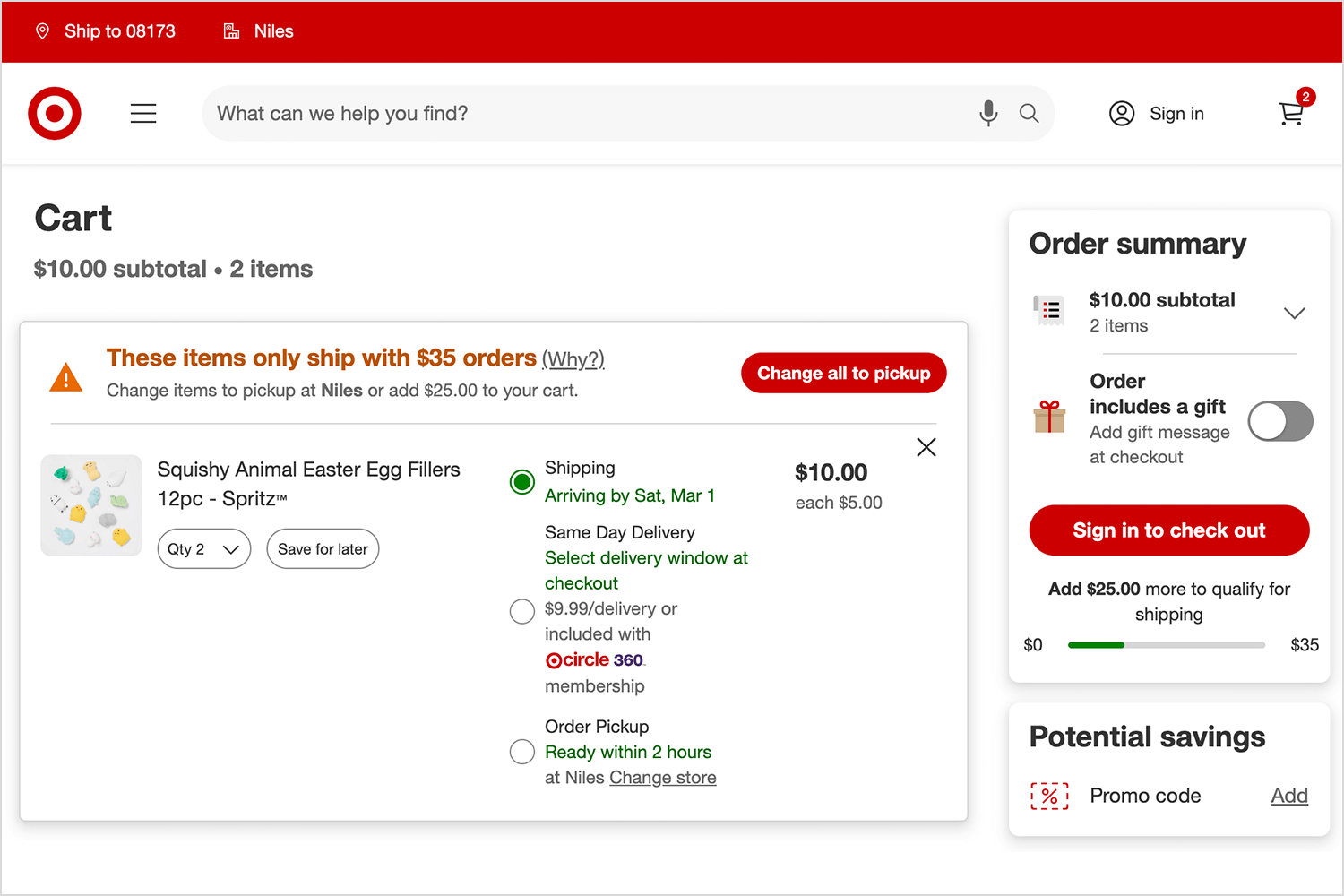 Target shopping cart page displaying order summary, shipping restrictions, and checkout options.