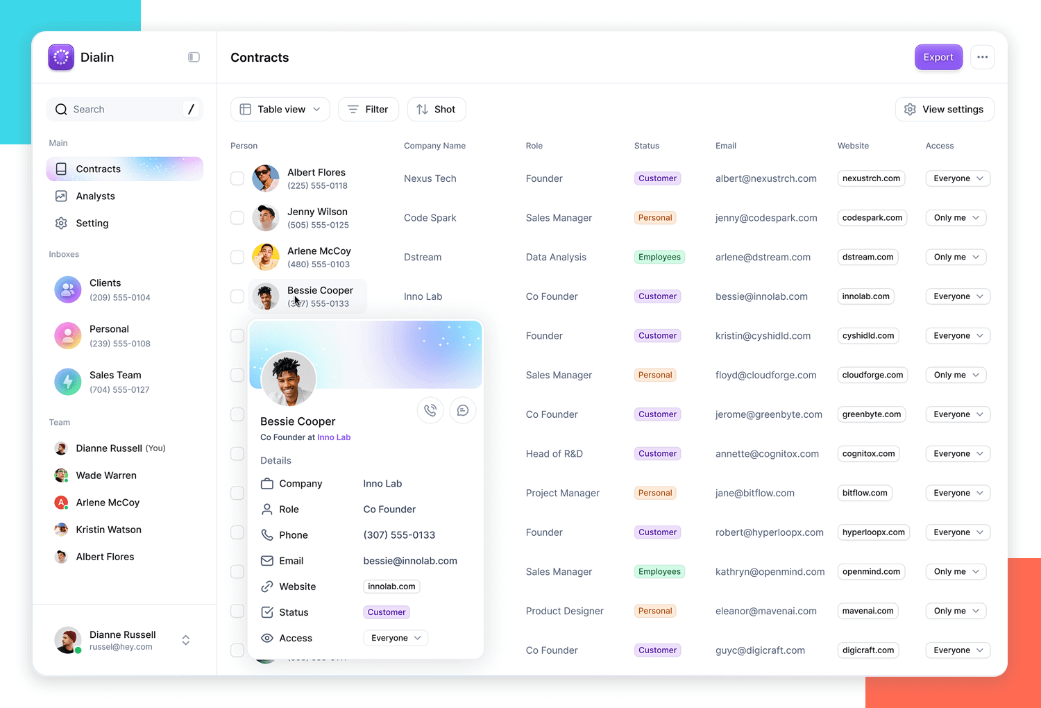 Clean list UI design with interactive, sortable, and filterable contact cards