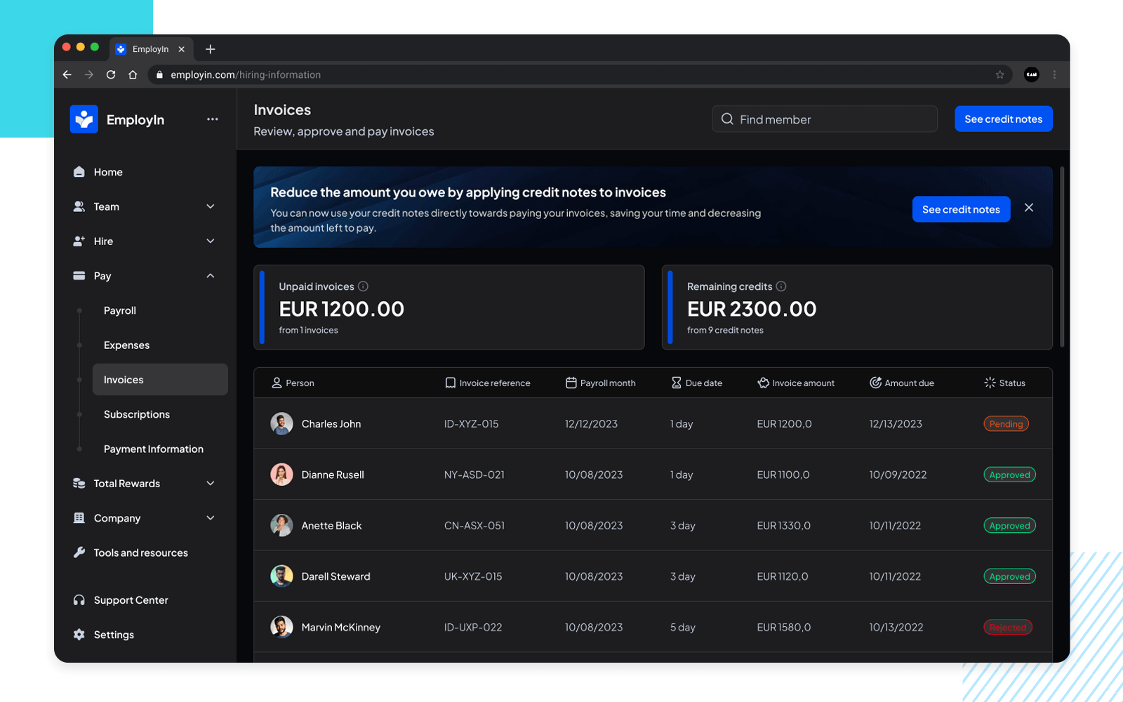 Employin dark UI with organized invoice list design