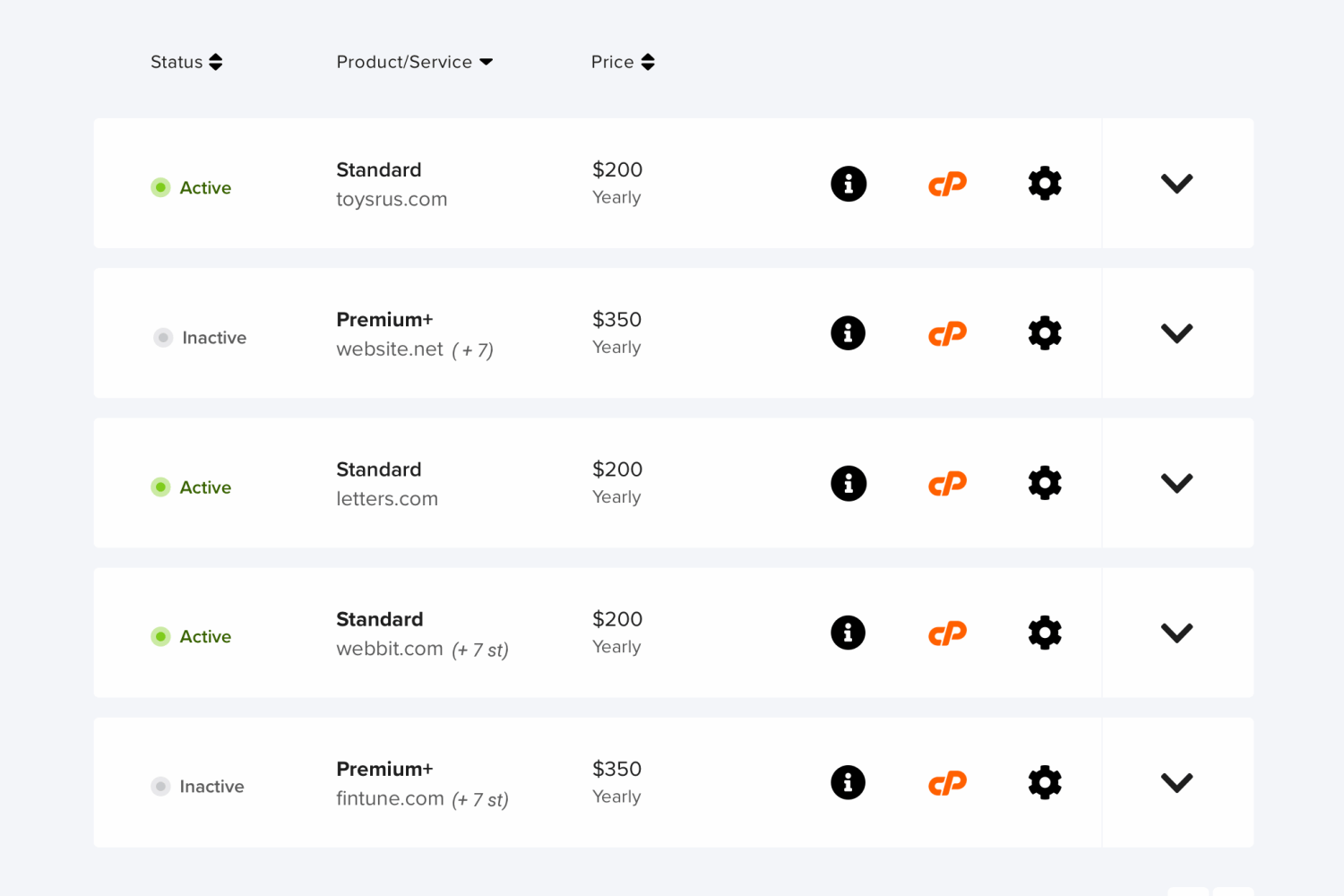 UI list design with a service subscription interface, showing active and inactive statuses with subscription details.