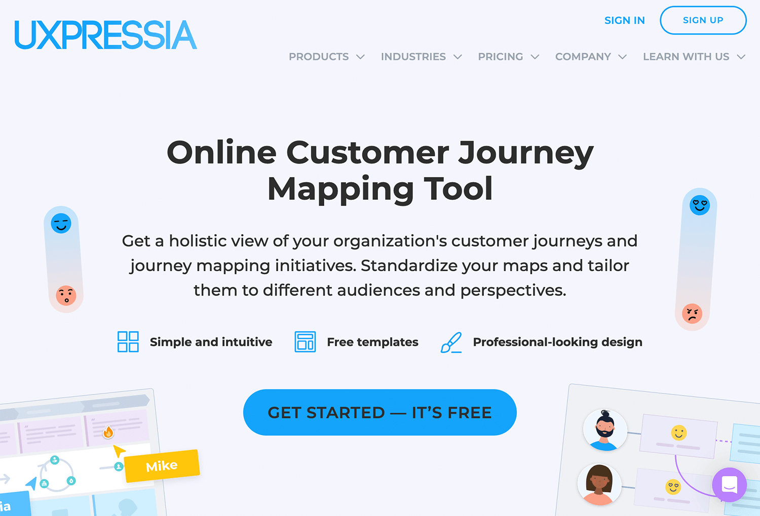 UXPRESSIA platform for online user journey mapping with free templates and design options.