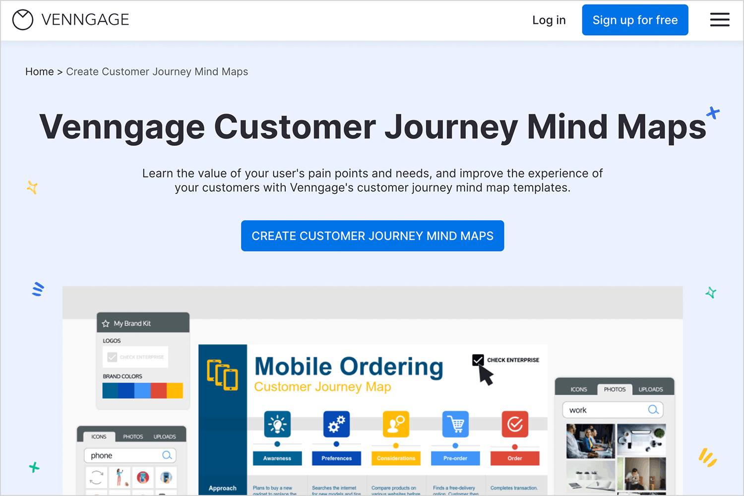 Venngage offering customizable customer journey map templates that highlight pain points and improve user experiences