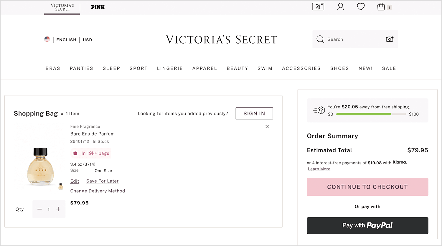 Victoria’s Secret shopping cart page featuring a fragrance item, order summary, and checkout options