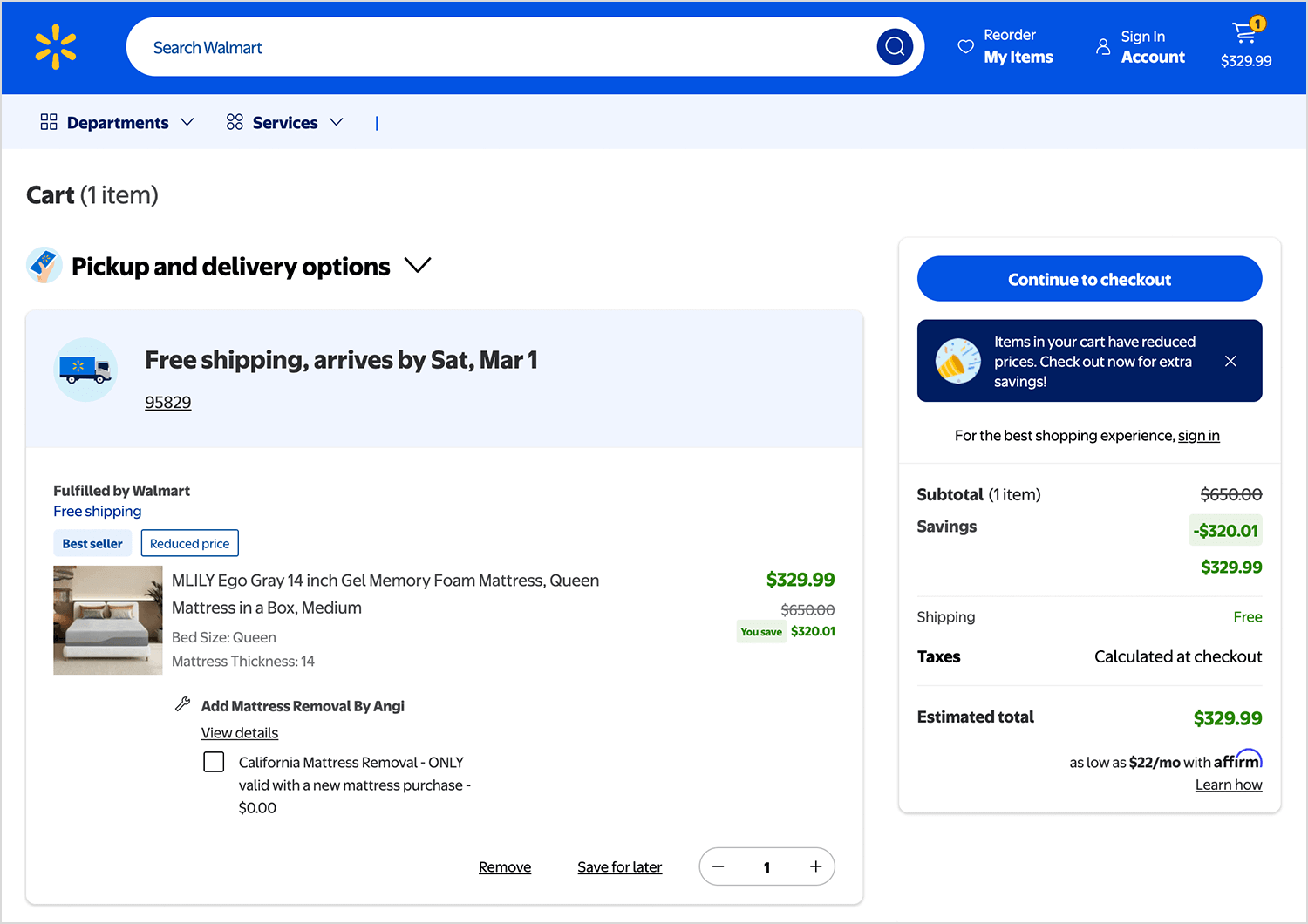 Walmart shopping cart page showing a discounted mattress with free shipping and checkout options.