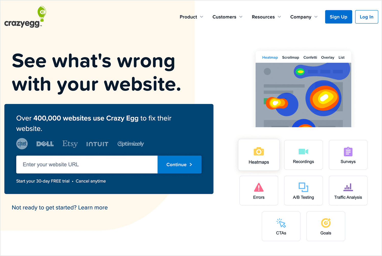 Crazy Egg homepage highlighting website analysis tools like heatmaps and A/B testing