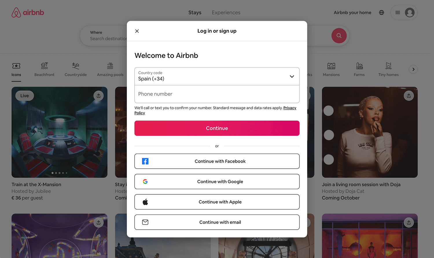login page example airbnb
