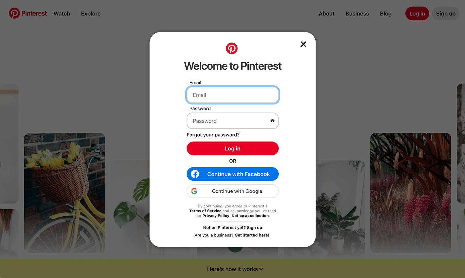 login page example pintrest