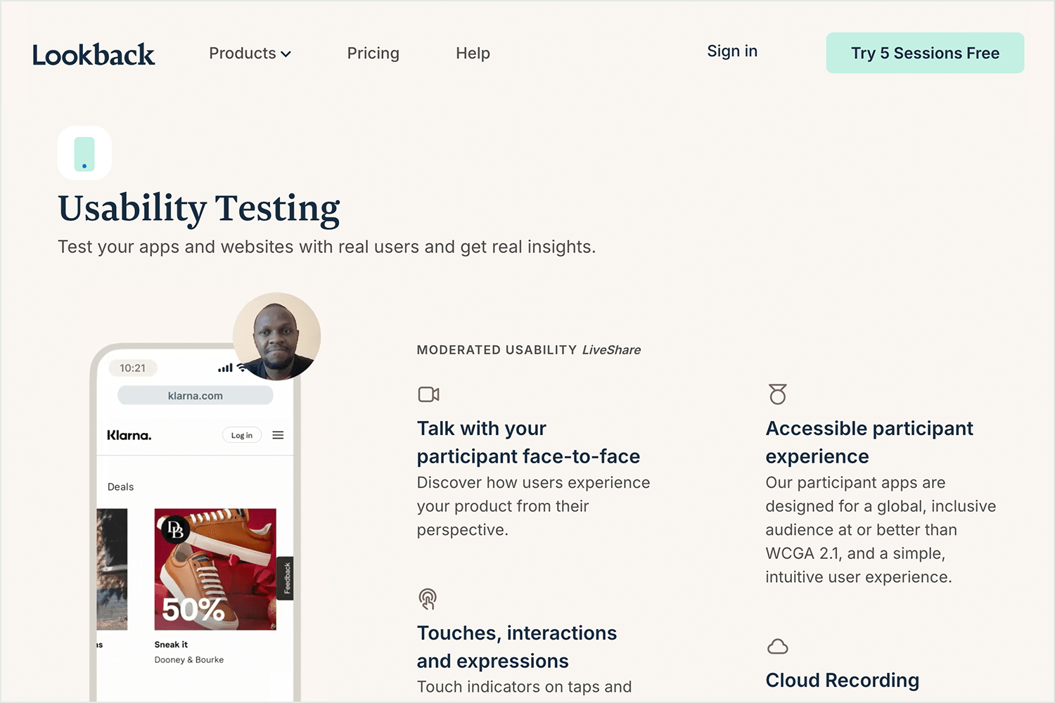 Lookback usability testing platform showcasing features for moderated testing and accessibility