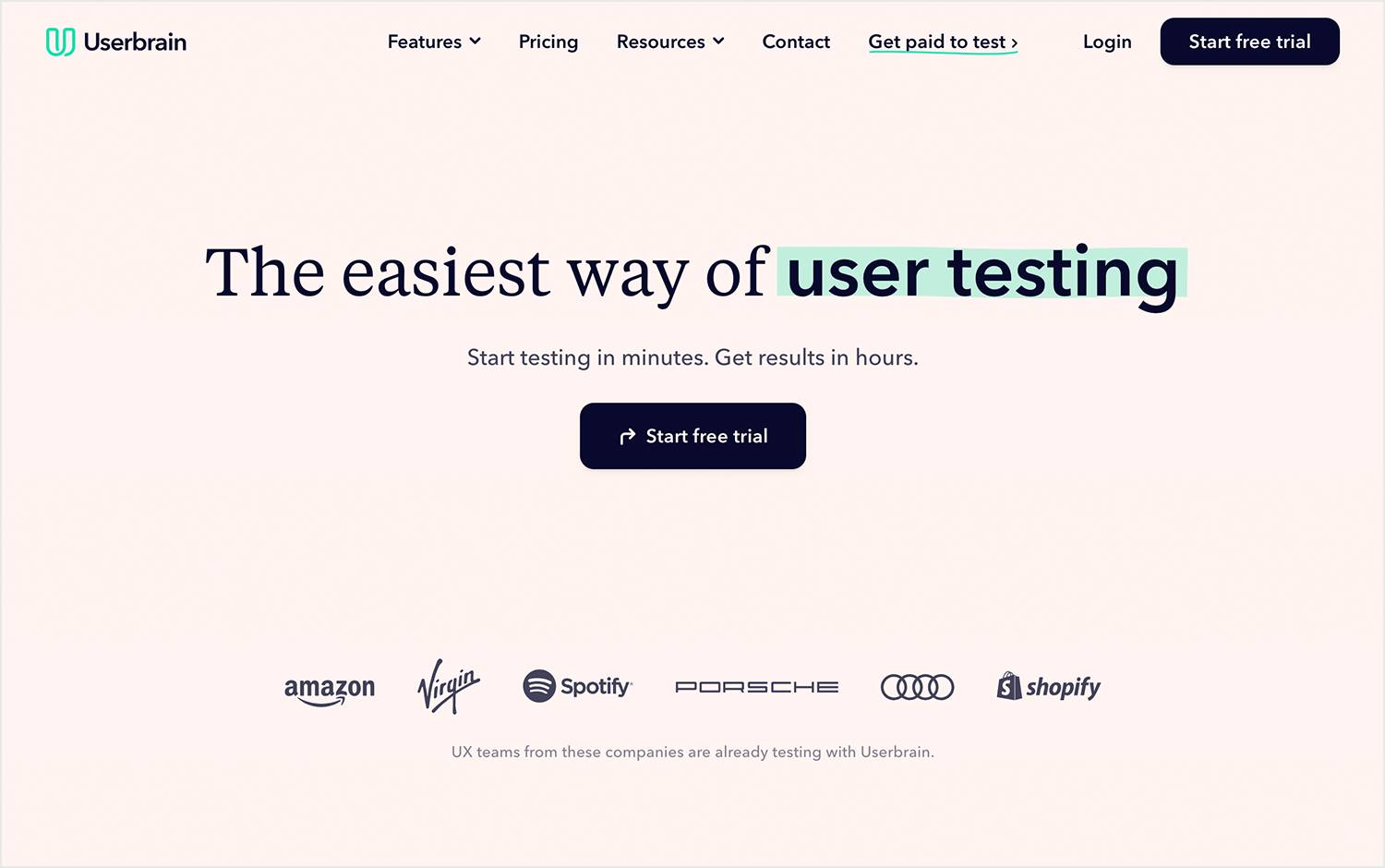 Userbrain homepage promoting easy and fast user testing with major company logos