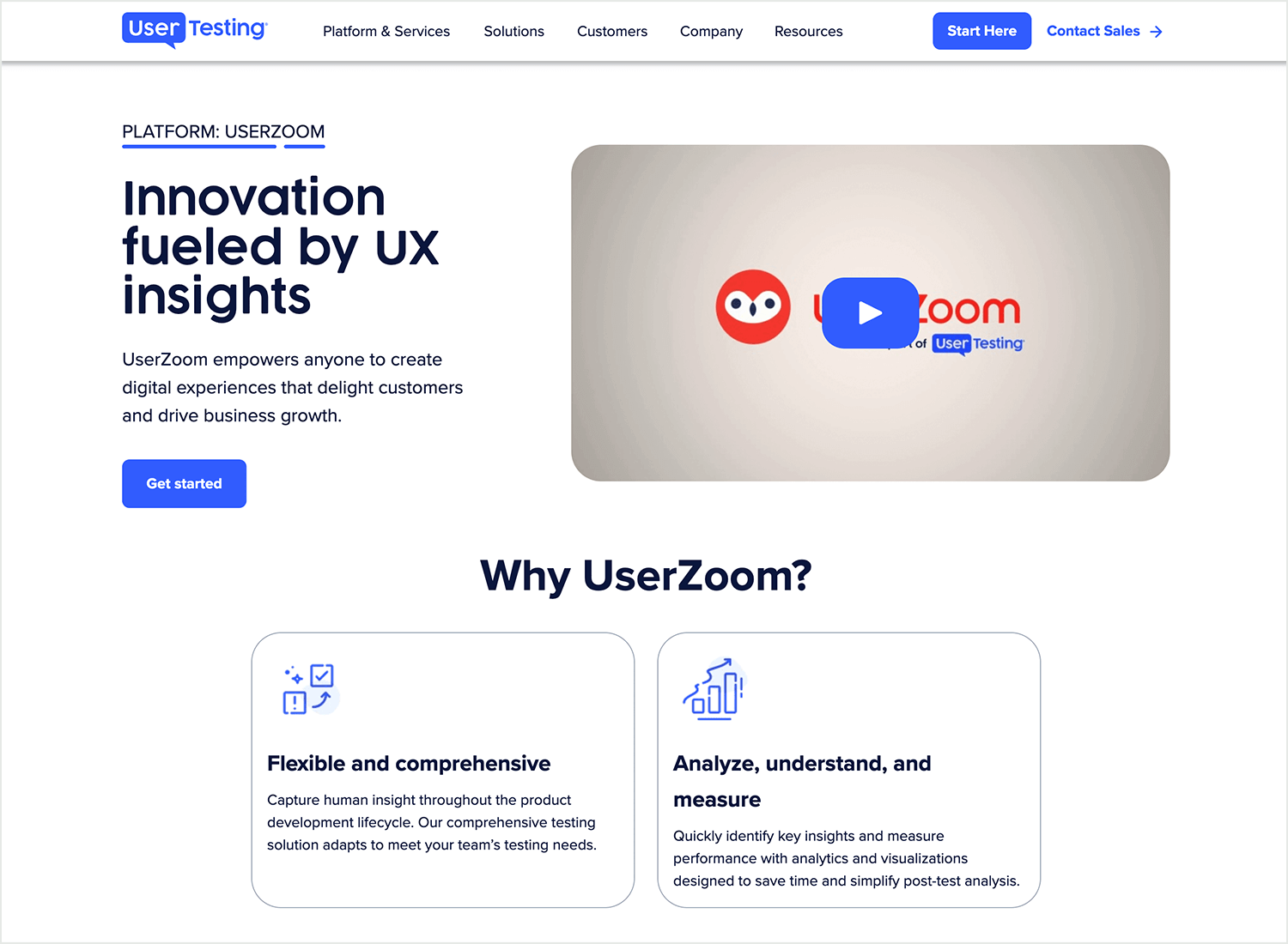 UserZoom platform homepage highlighting UX insights and flexible testing features