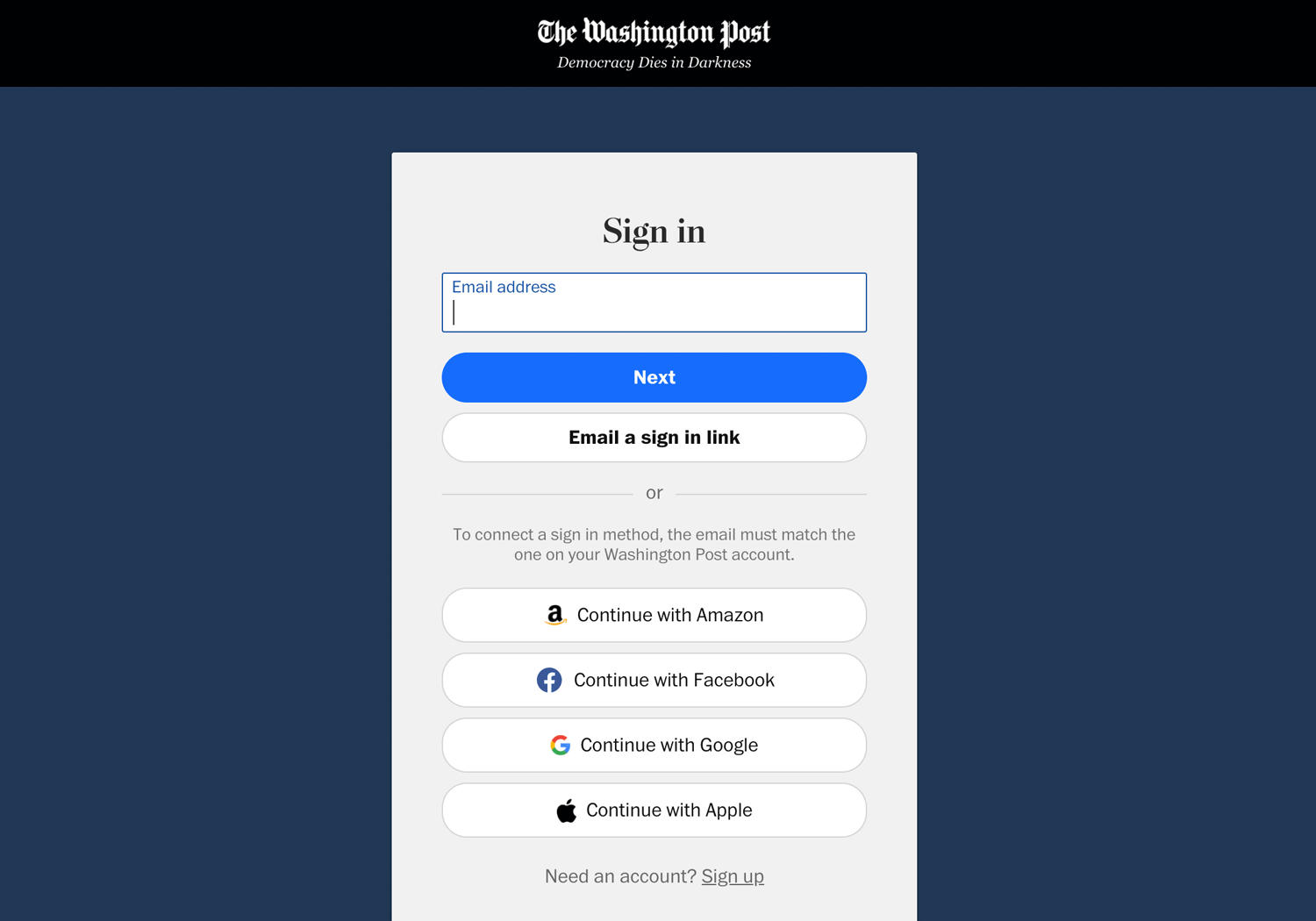 the Washington post login form