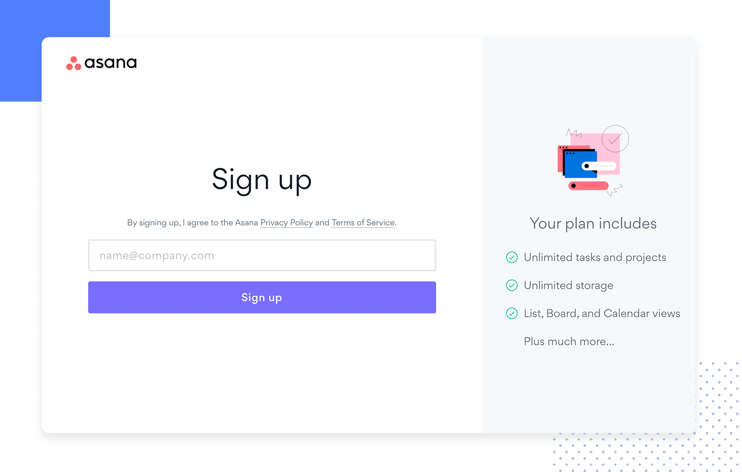 asana's example of signup form