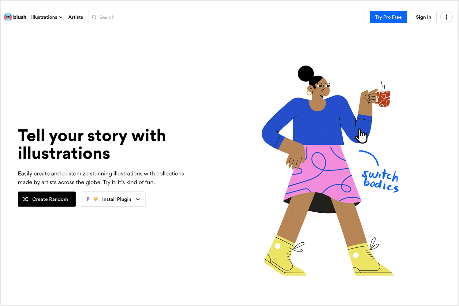 Blush homepage featuring customizable illustrations by artists worldwide