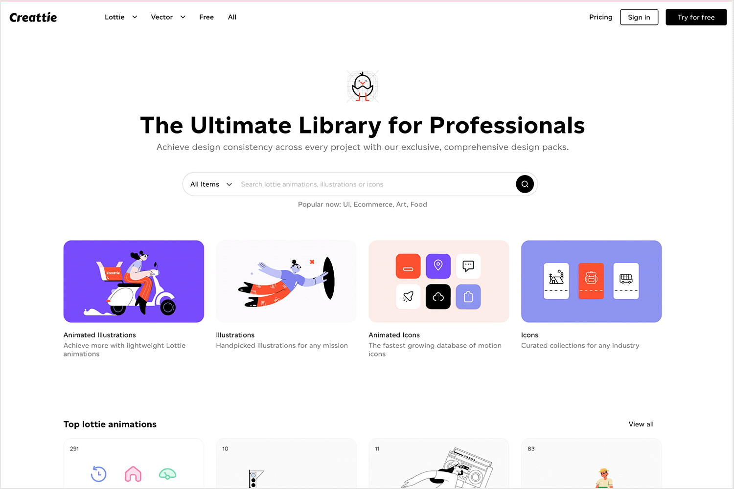 Creattie homepage featuring a variety of vector illustrations