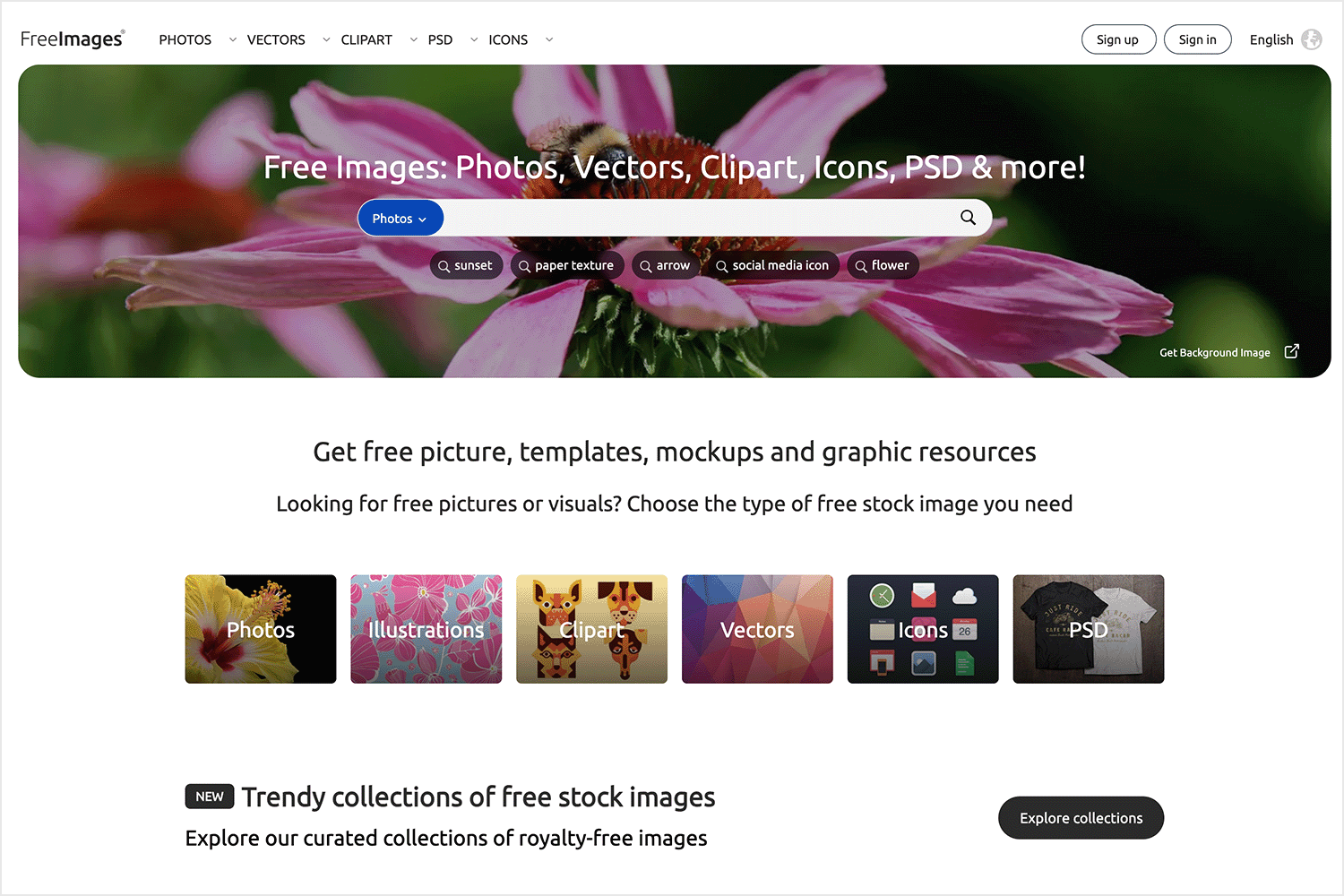 FreeImages homepage showcasing free vectors