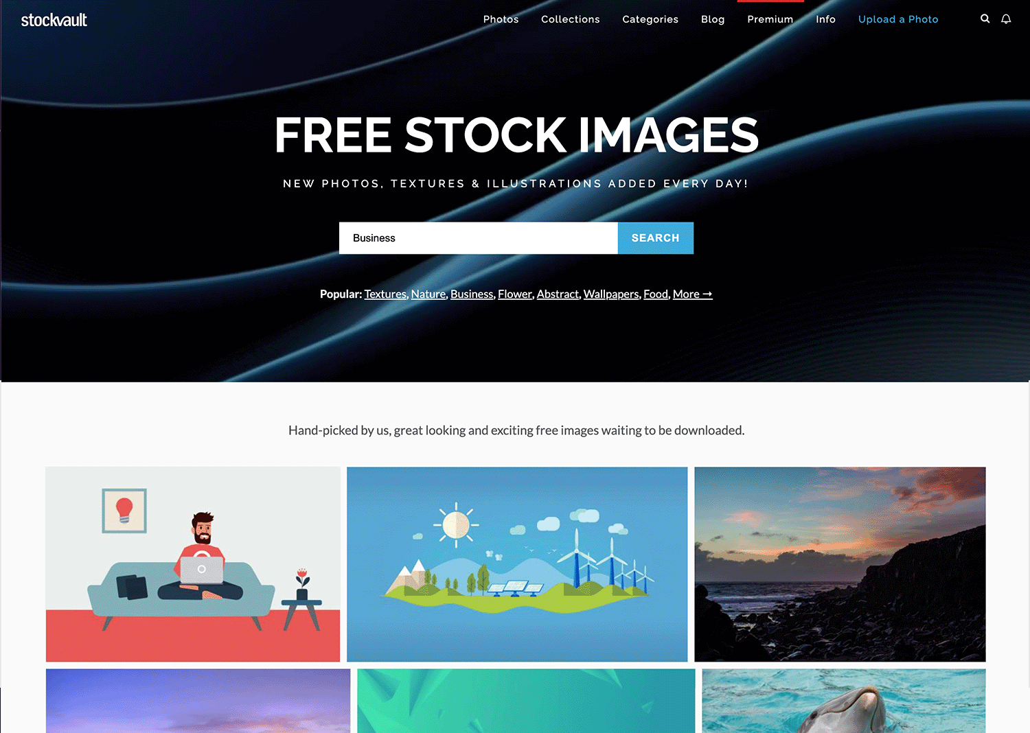 Stockvault homepage showcasing free stock images, textures, illustrations, and vectors