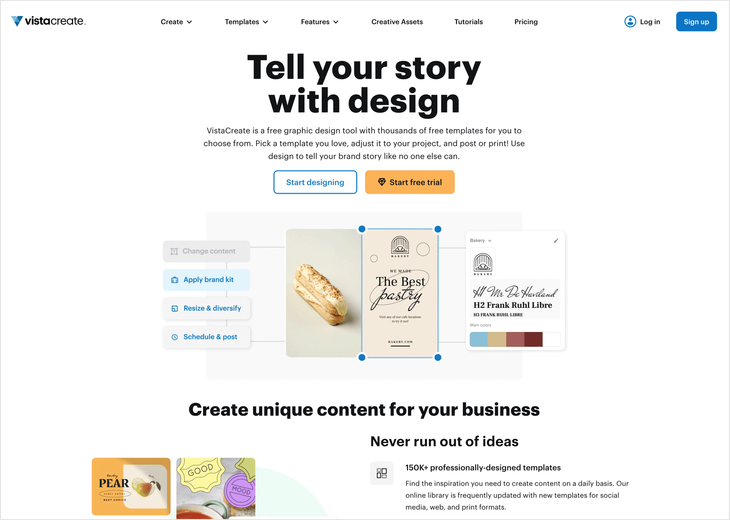 VistaCreate homepage offering free graphic design tools, templates, and vectors.