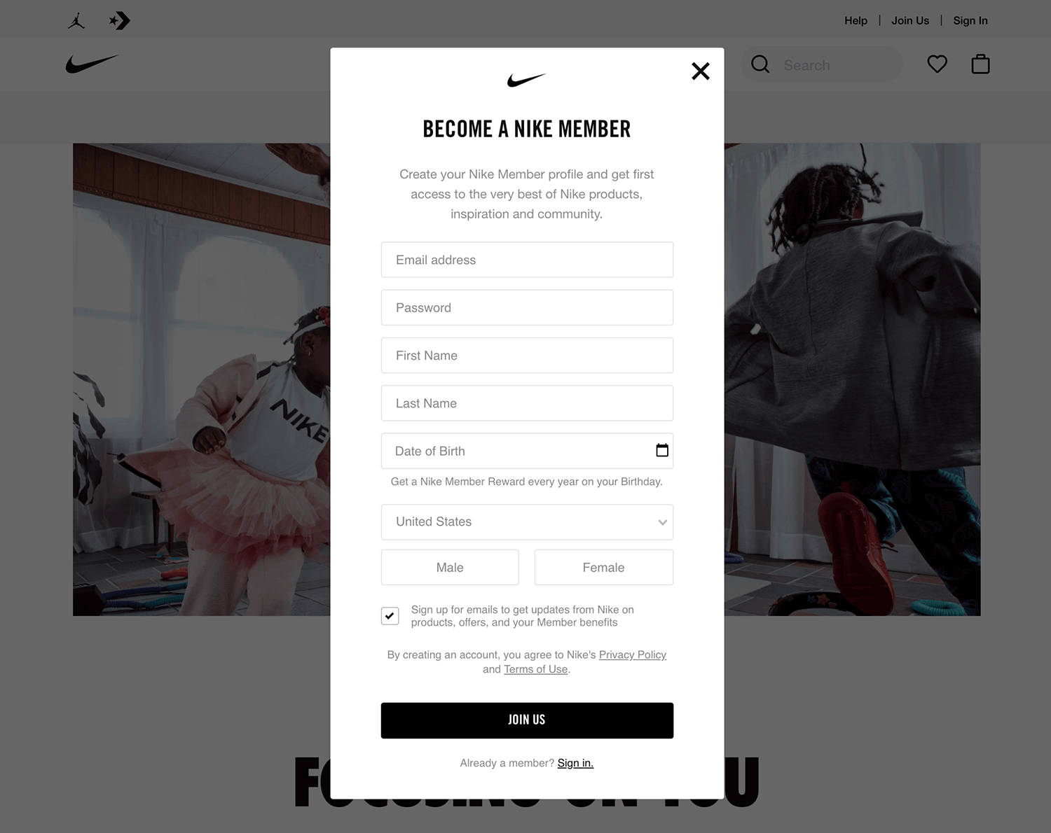 nike signup form page example