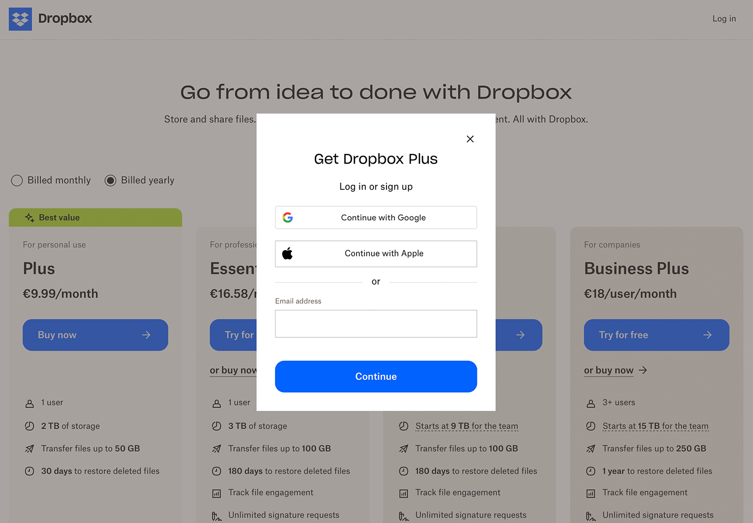 sign up page examples dropbox