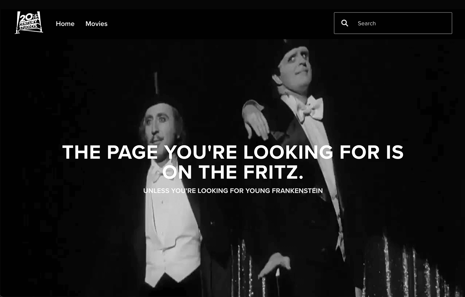 20th Century Studios 404 page with Young Frankenstein movie reference