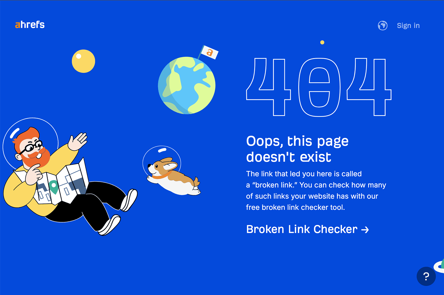 Ahrefs 404 error page with floating astronaut and corgi in space