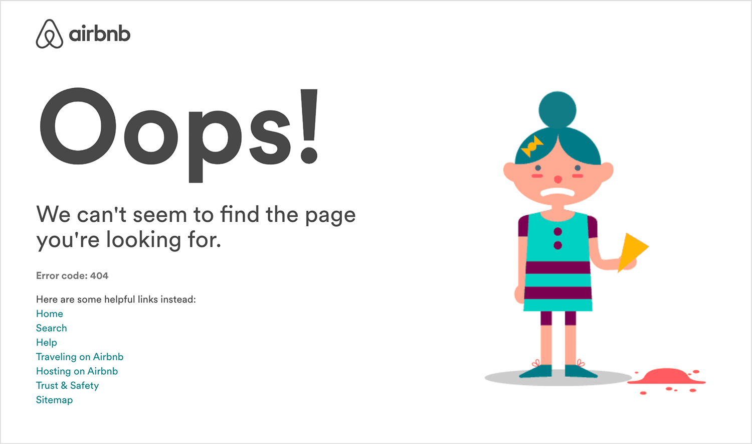 Airbnb 404 error page with a sad character holding a dropped ice cream.