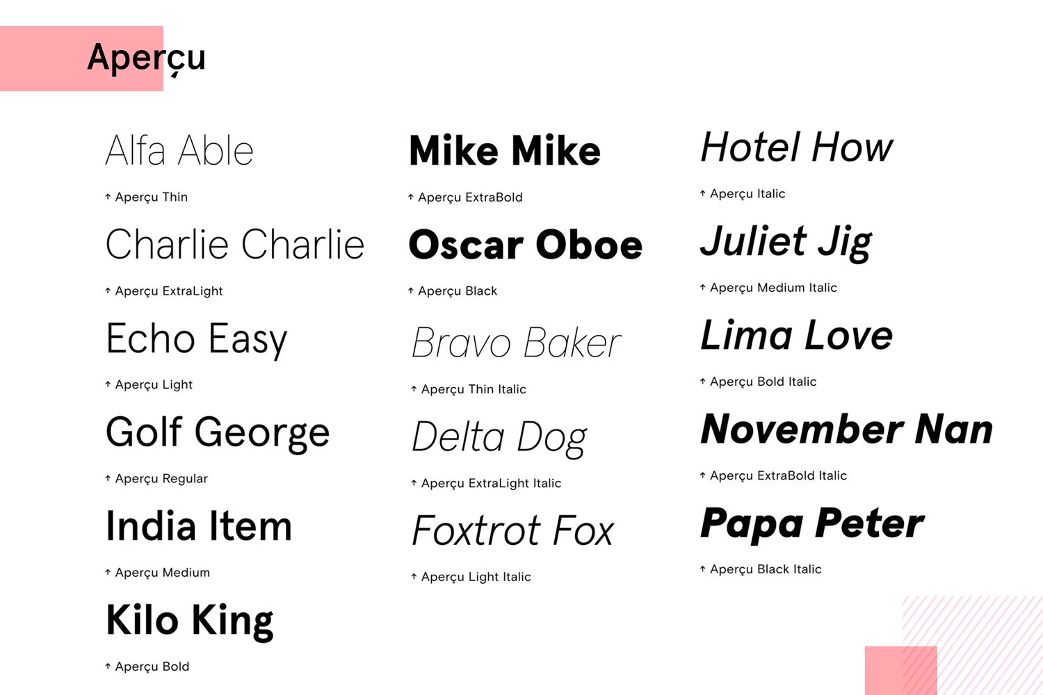 Aperçu font variations in bold, italic, regular, and book styles