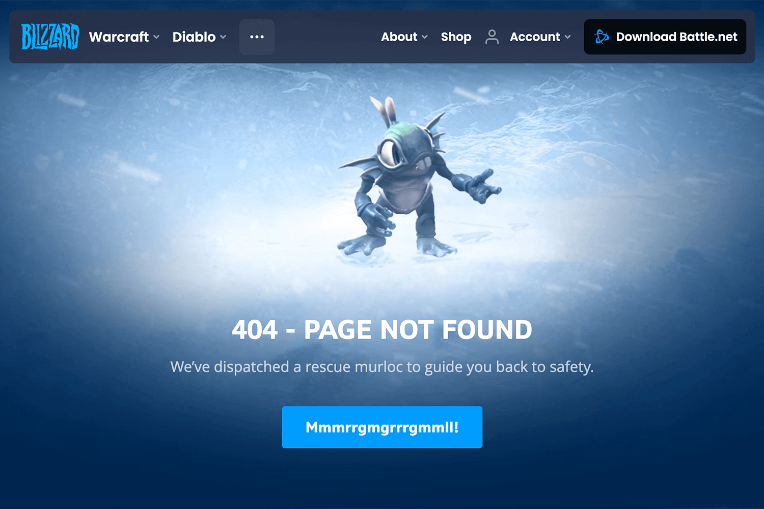 Blizzard 404 error page with Murloc character offering help.