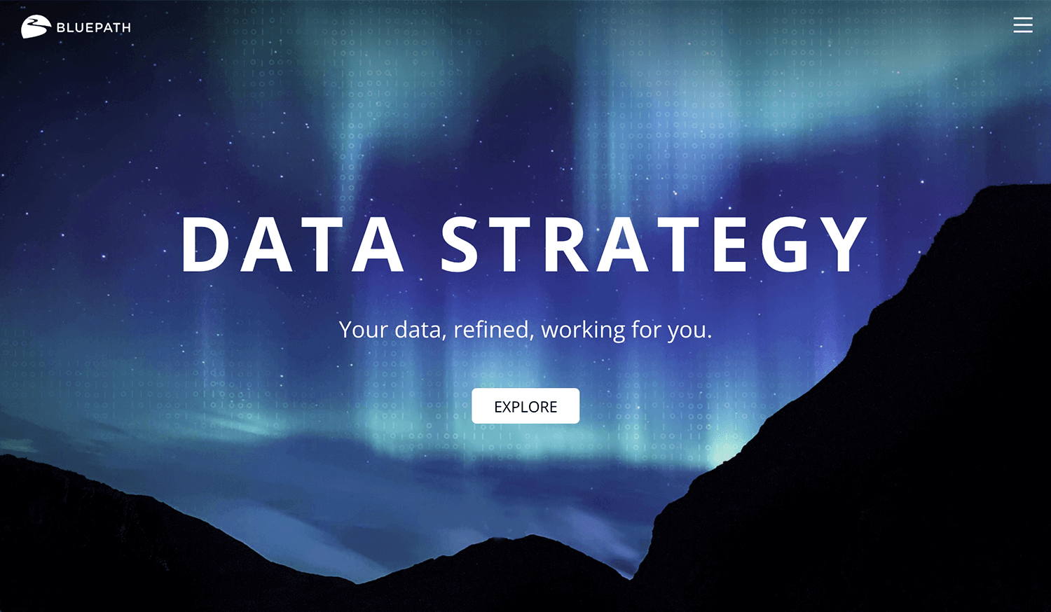 Blue Path 404 error page with data strategy message and explore button