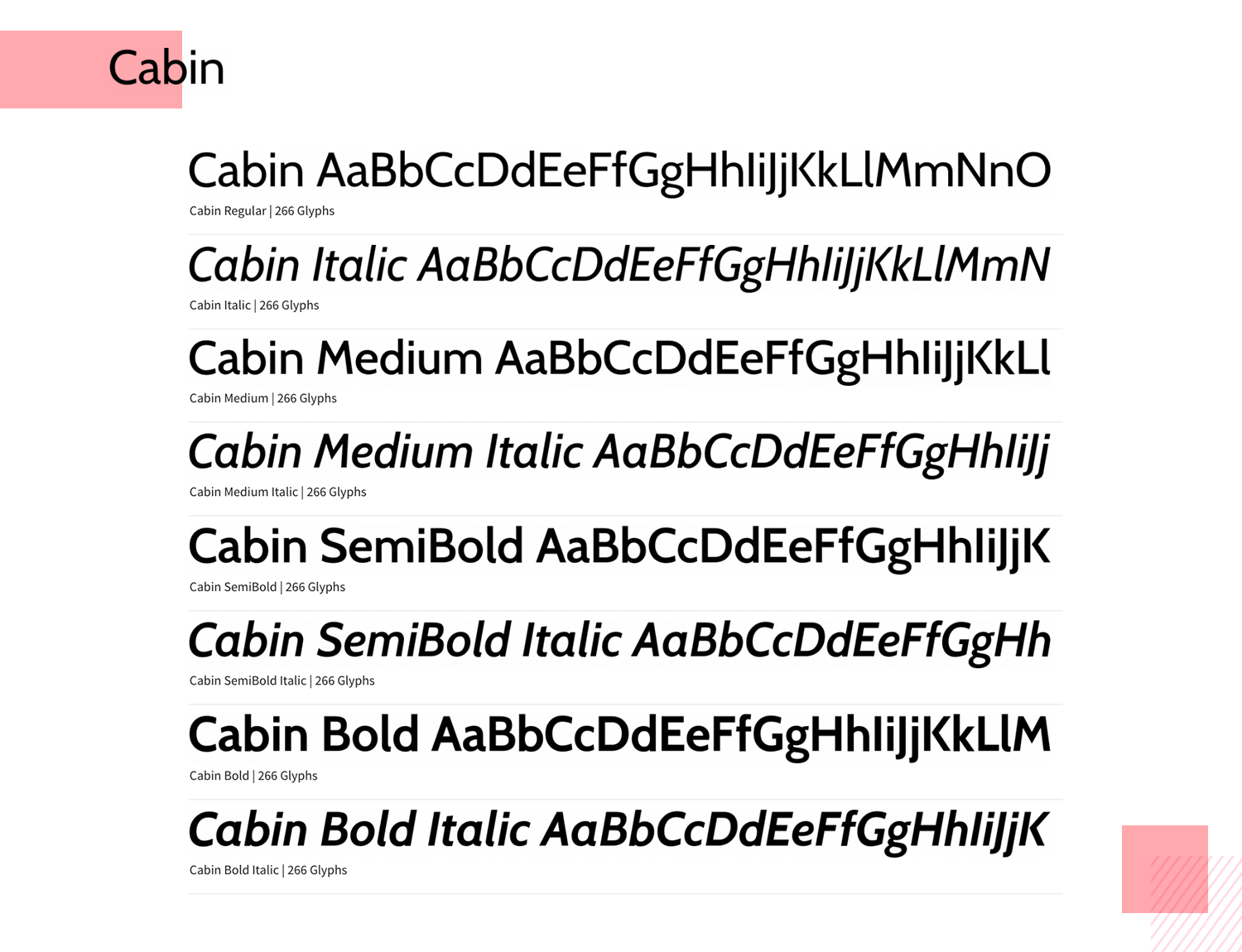 Cabin font variations in bold, italic, regular, and book styles