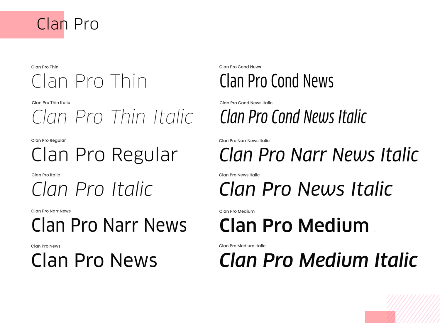 Clan Pro font variations in regular and bold styles