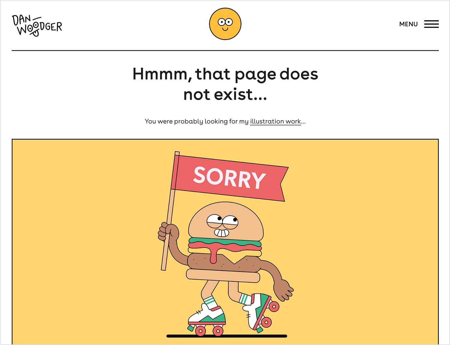 Dan Woodger 404 error page with cartoon burger on roller skates holding a 'Sorry' sign