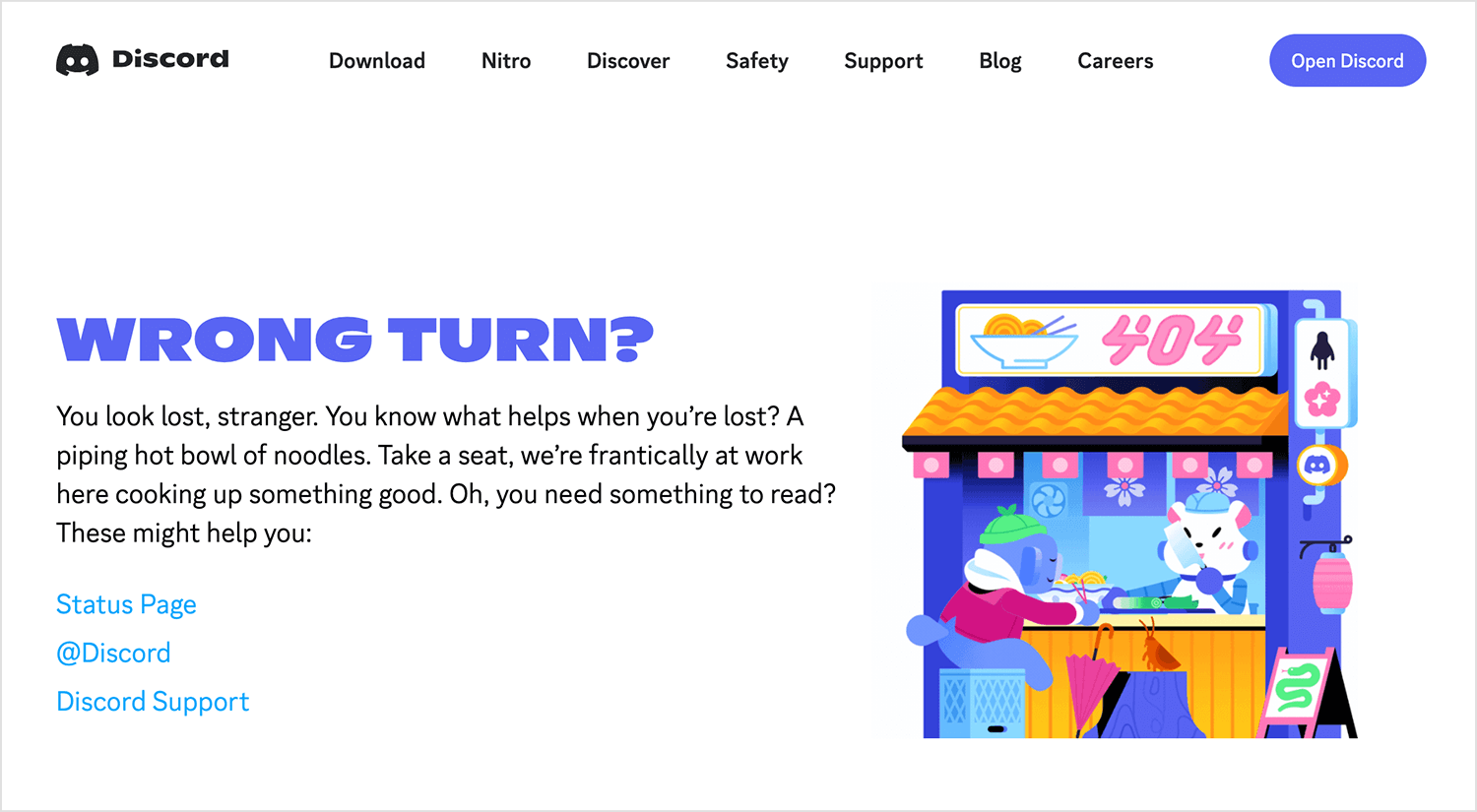 Discord 404 error page with a noodle shop illustration and a 'Wrong Turn?' message