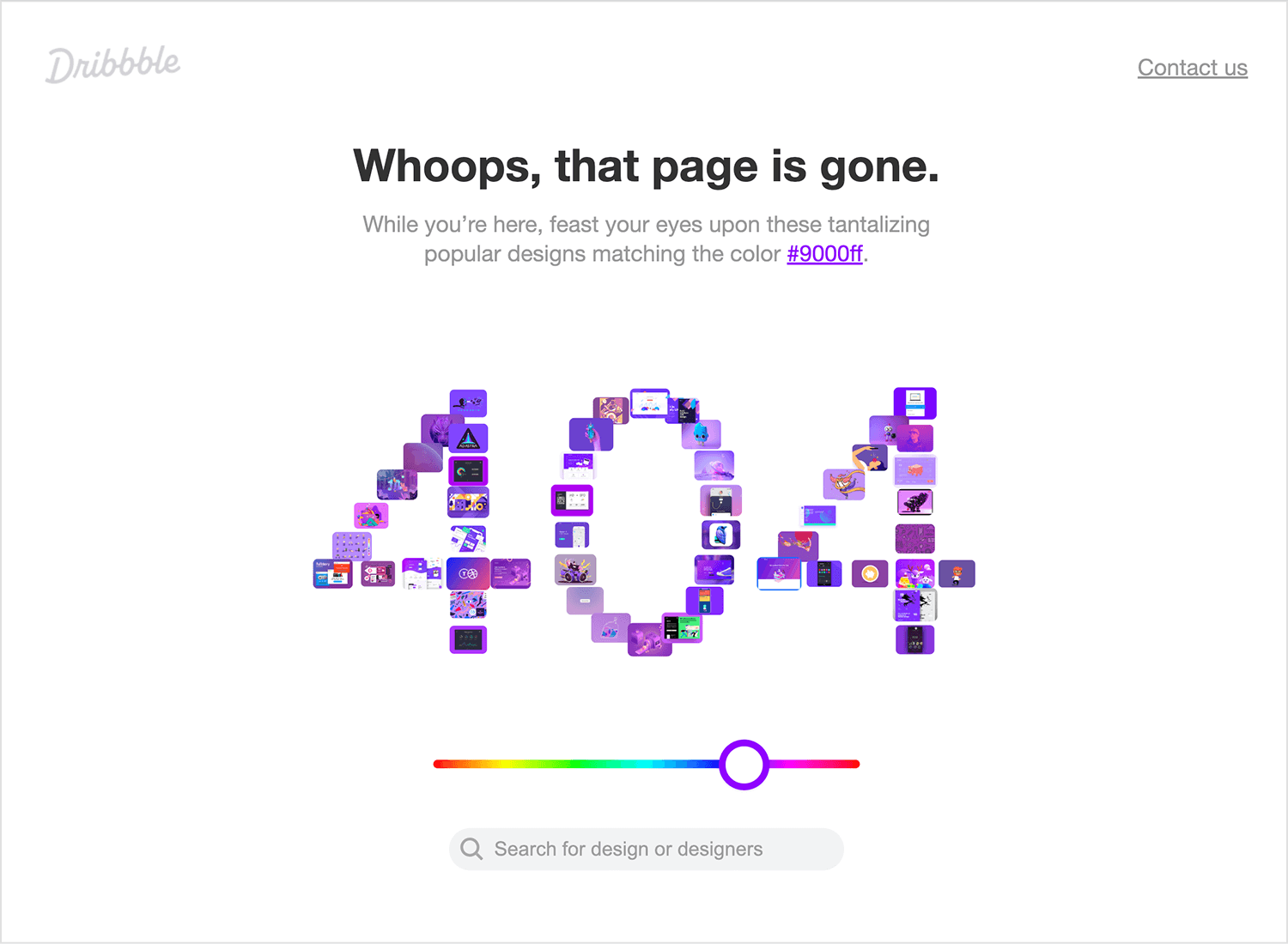 Dribbble 404 error page with a collage of purple designs forming the number 404 and a color slider