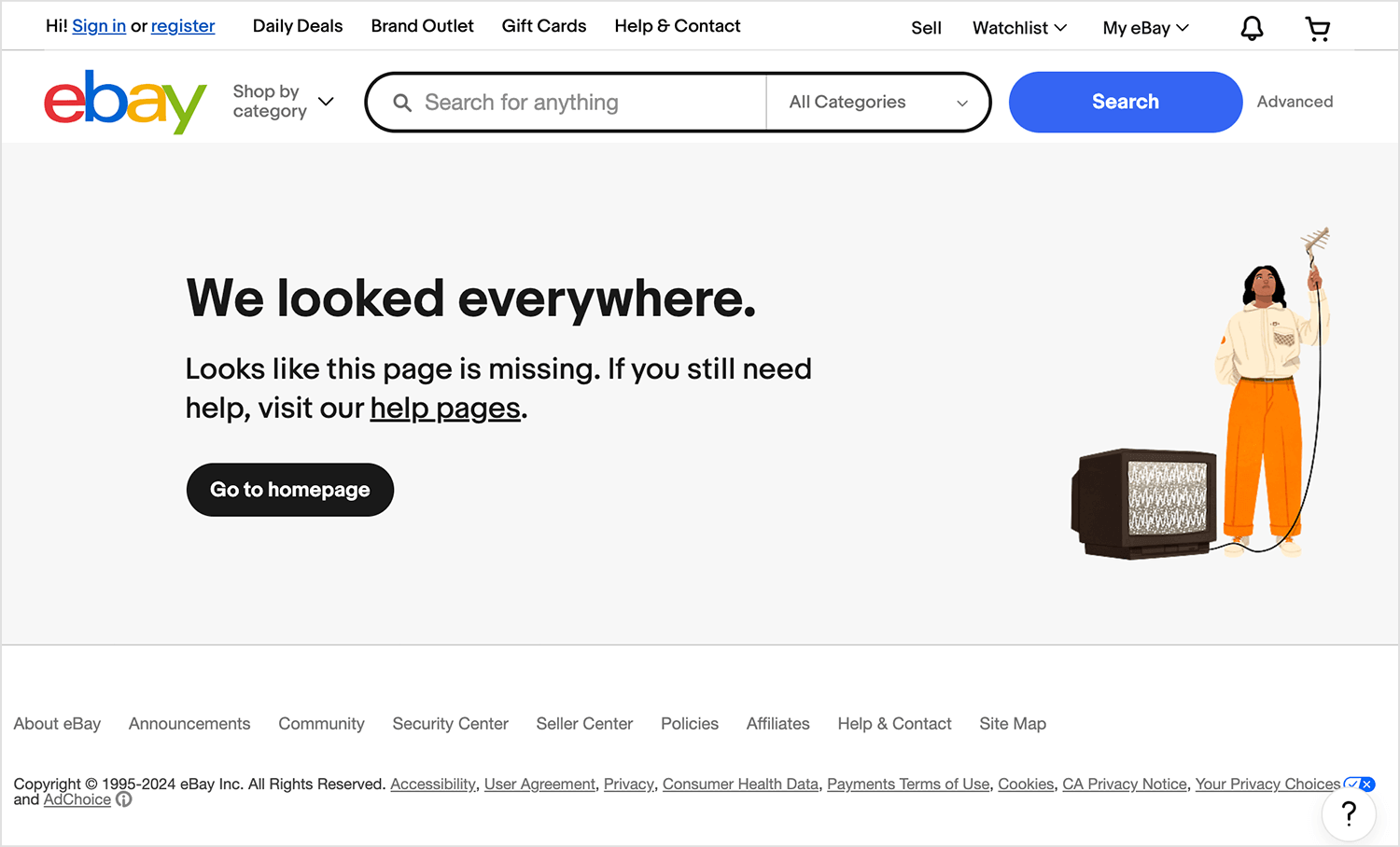 eBay 404 error page with missing page message and go to homepage button.