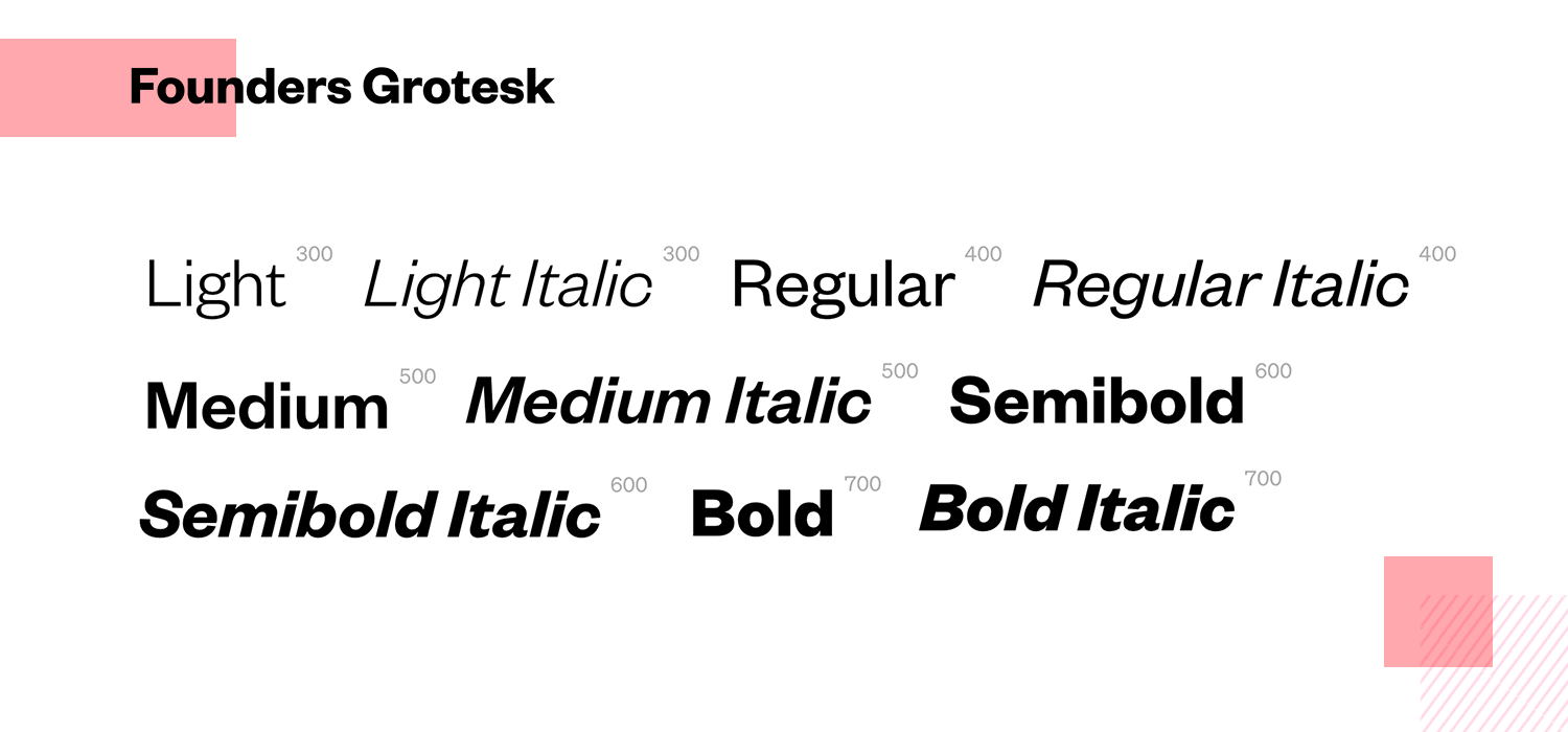 Founders Grotesk font variations in bold, italic, regular, and book styles