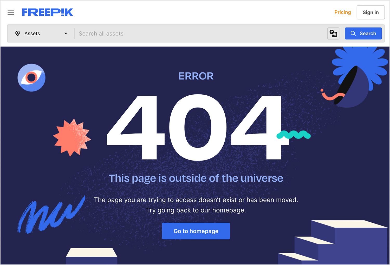 Freepik 404 error page with abstract art and message.