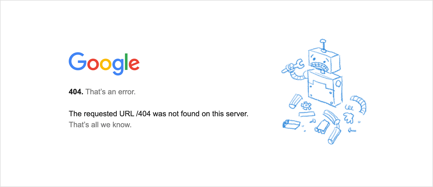 Google 404 error page with broken robot illustration