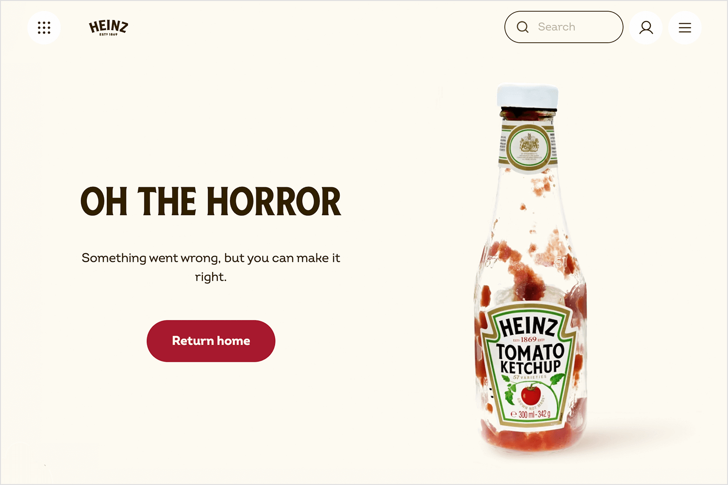 Heinz 404 error page with a ketchup bottle and 'Oh the horror' message