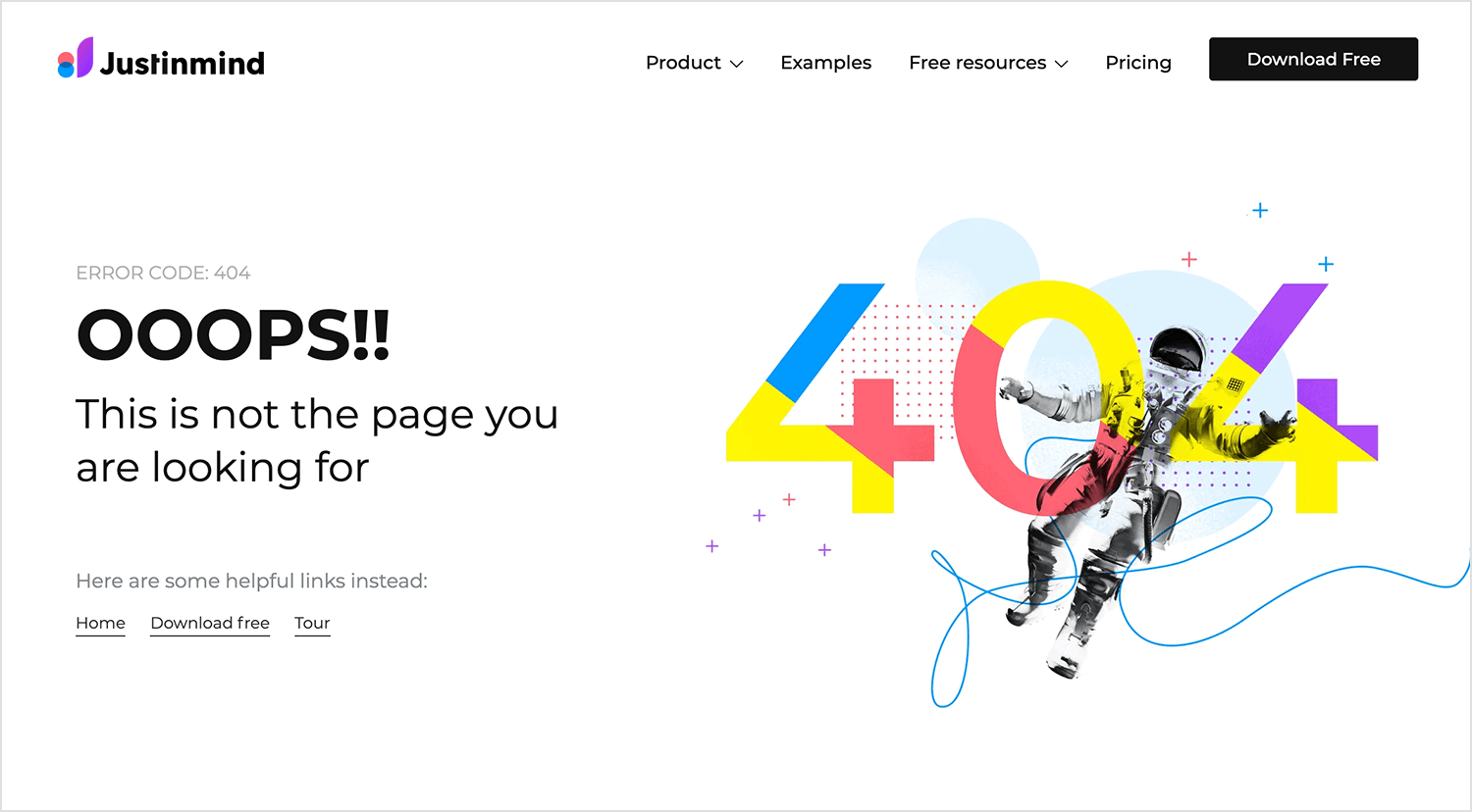 Justinmind 404 error page with astronaut graphic and helpful links