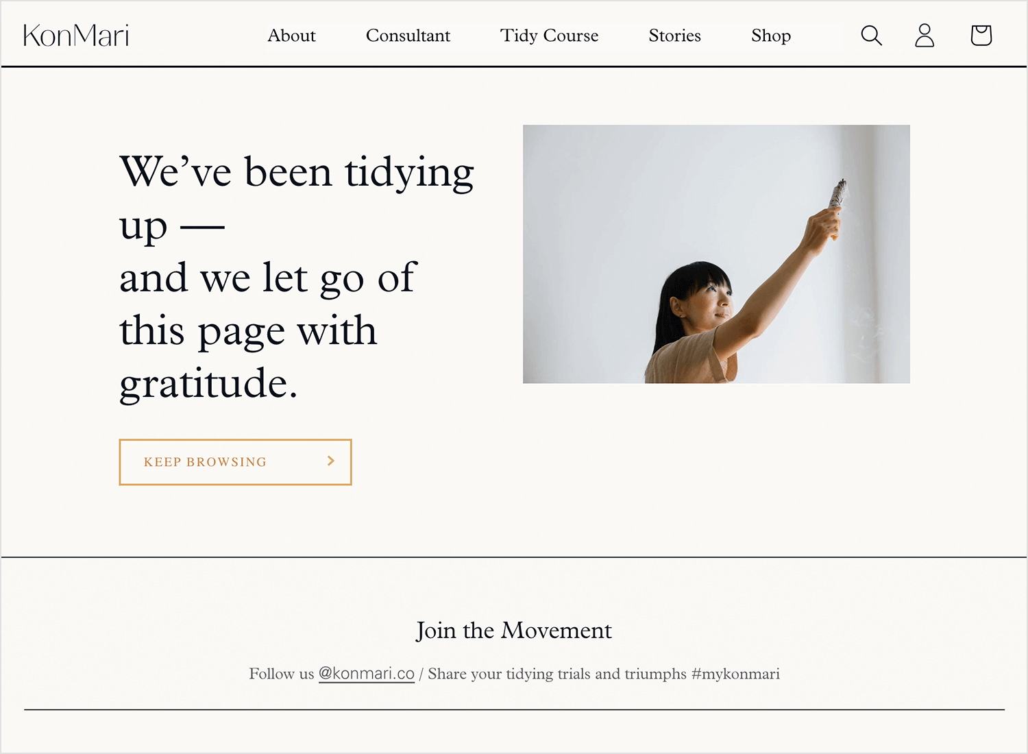 KonMari 404 error page with tidying message and keep browsing button