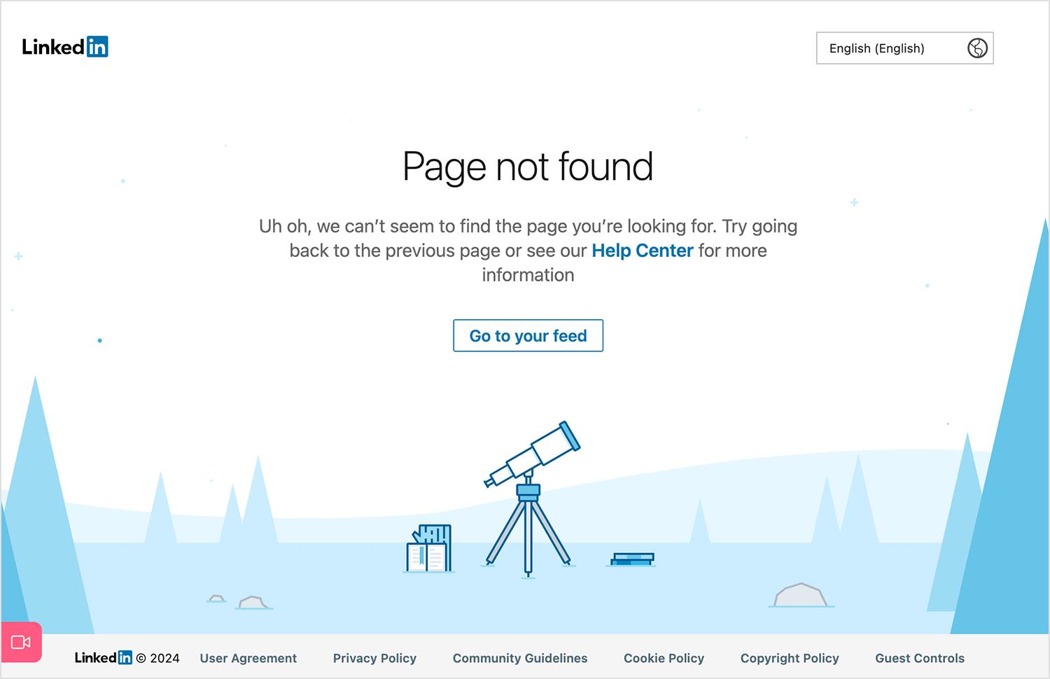 LinkedIn 404 error page with a message and an illustration of a telescope, offering links to the feed and help center