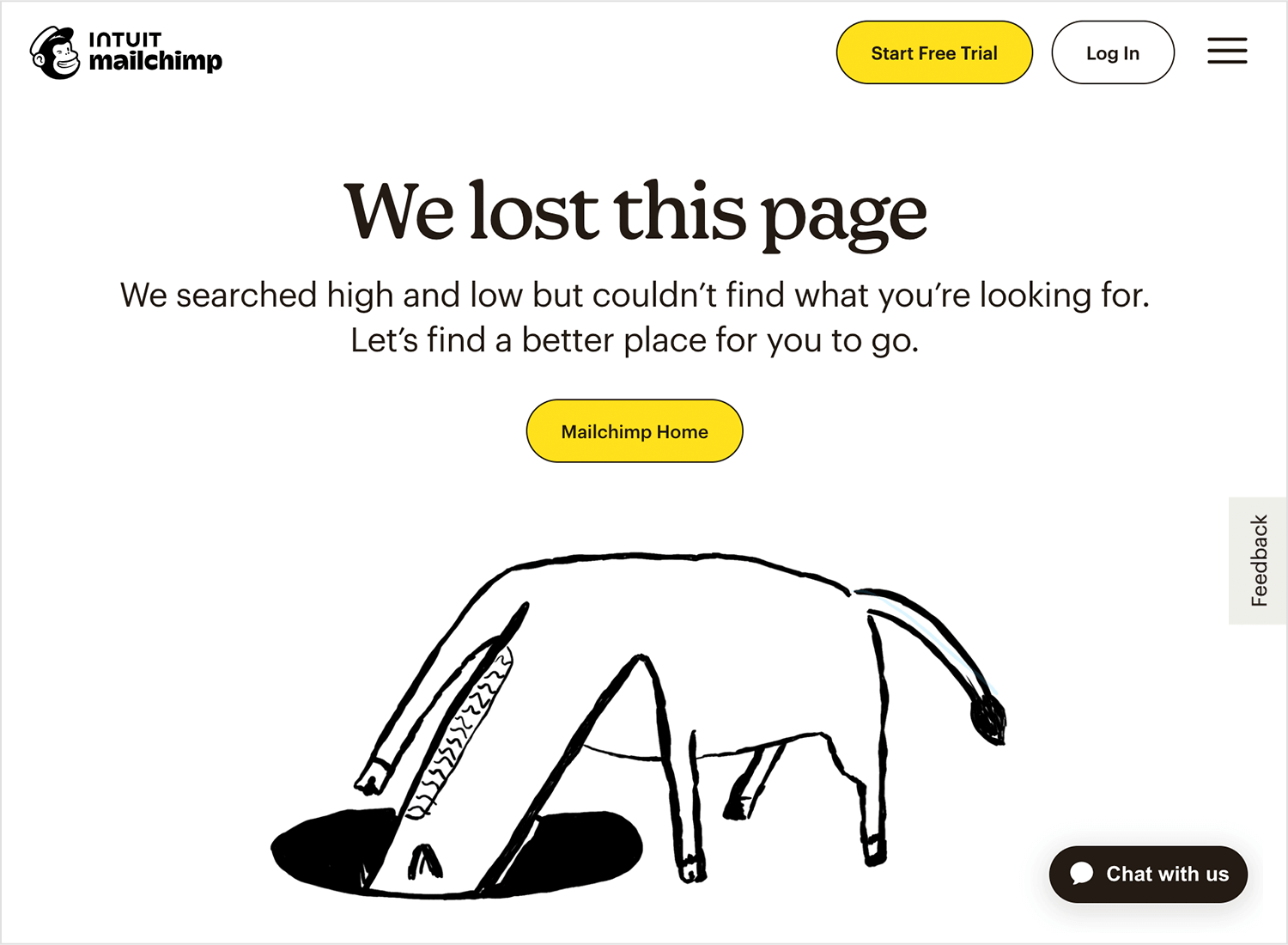 Mailchimp 404 error page with lost page message and animal illustration