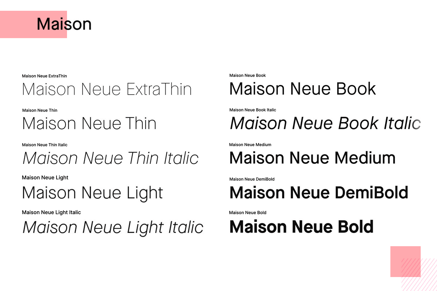 Maison font variations in bold, italic, regular, and book styles
