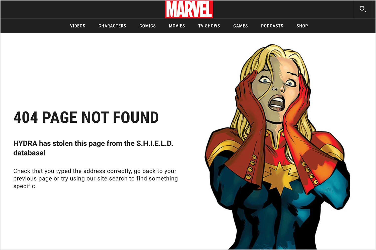 Marvel 404 error with Captain Marvel and Hydra message