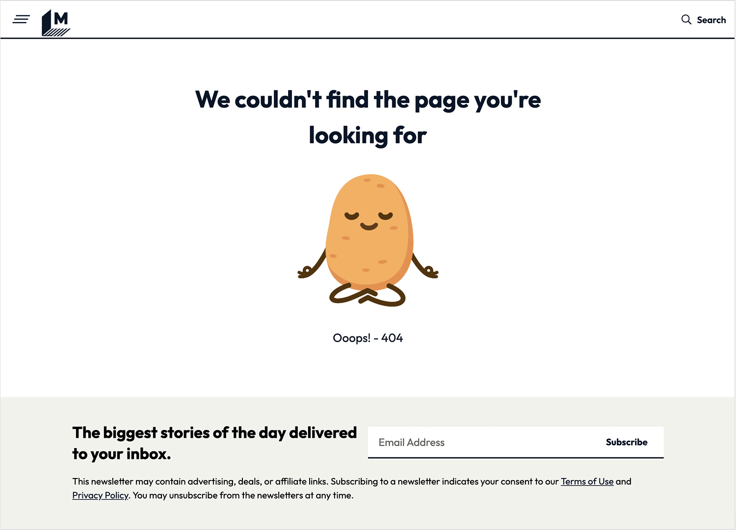 Mashable 404 error page with meditating potato cartoon and error message