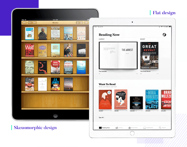 Flat design vs. Material Design - old apple library vs. new